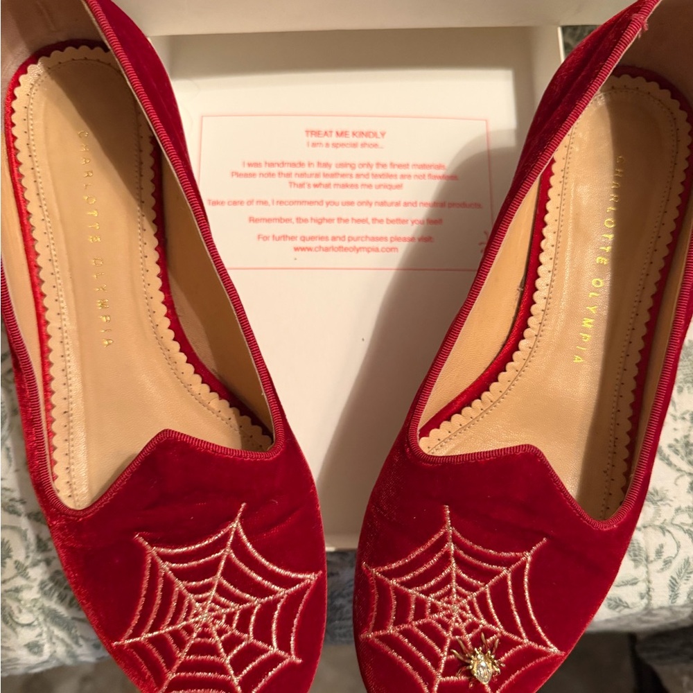 Charlotte Olympia Red Velvet Spider Web Flats